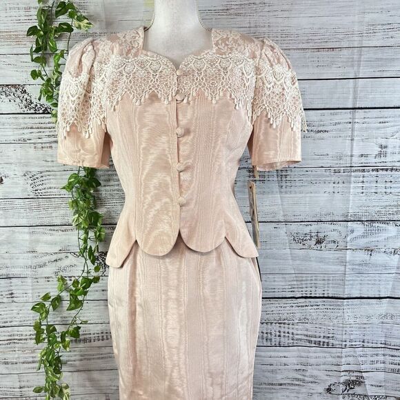 Vintage Scott McClintock Skirt Suit size 8 Pink Taffeta Lace 80's Wedding Prom - Picture 3 of 16